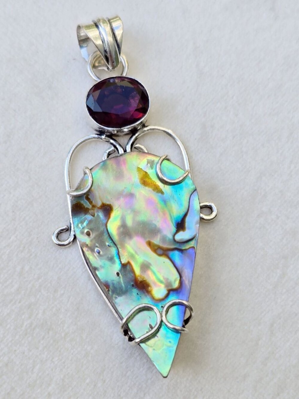 Hand Crafted ✦ Abalone Garnet Sterling Silver Pendant ✦ Boho Natural Shell Gem - Picture 4 of 10